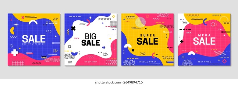 Comprar banner de venda sazonal com formas Memphis. Modelos de pôsteres quadrados de promoção de vendas de produtos. Preço da loja oferta especial folheto publicitário ou faixas de vetor de publicidade de desconto com formas gráficas Memphis