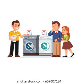 Shop seller assistant showing washing, drying machines to customers man & woman. Family couple buying new washer in domestic appliances store. Retail business. Flat style vector isolated illustration.