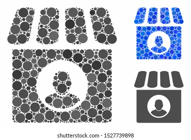 Shop seller mosaic of circle elements in various sizes and color tinges, based on shop seller icon. Vector circle elements are united into blue mosaic.