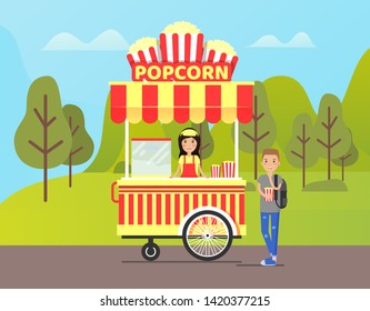 Shop Verkauf von Snacks Vektor, Park mit Service für Menschen, Verkäufer mit Kunden. Weibliche mit geröstetem Popcorn, die Geschäfte machen und Kunden im Park bedienen