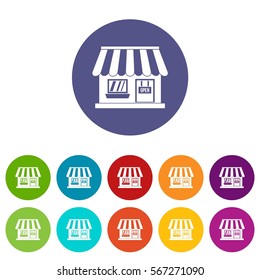 Shop set icons in different colors isolated on white background