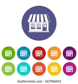 Shop set icons in different colors isolated on white background