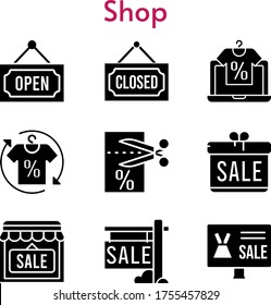 shop set. included gift, online shop, sale, shirt, shop, voucher, closed, open icons. filled styles.