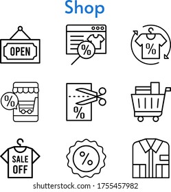 shop set. included online shop, shirt, voucher, shopping cart, discount, open icons. linear styles.