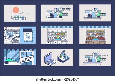 Shop set of line style vector illustrations for motion