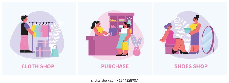 Conjunto de tiendas con tres composiciones aisladas de texto editable y gente de compras con la ropa y zapatos vectorial ilustración