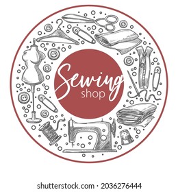 Shop with sewing materials and equipment for creating clothes. Mannequin and tools, instruments and needles, hangers and cloth. Machine and scissors monochrome sketch outline. Vector in flat style