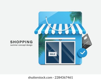 Shop shaped like shopping bag and there are patterns of coconut trees, sky and sea and there is credit card, order confirmation icon next to it, vector 3d isolated for shopping summer season concept