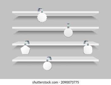 Shop shelves with advertising wobbler labels. Realistic white wobblers hanging on supermarket shelves. Supermarket shelf price labels or sales point tag. Vector illustration.