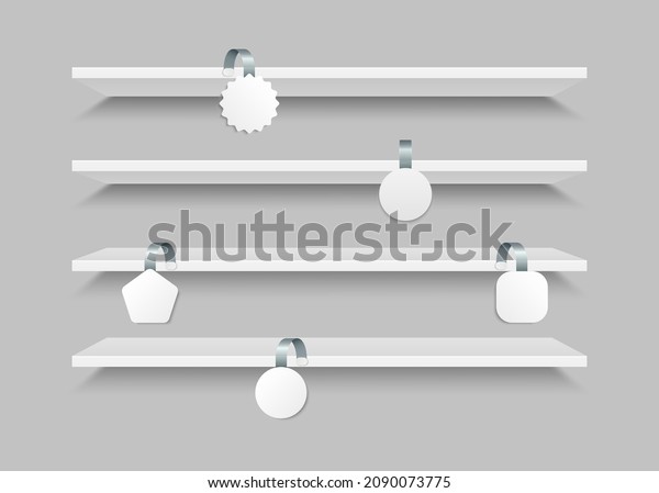 Shop shelves with\
advertising wobbler labels. Realistic white wobblers hanging on\
supermarket shelves. Supermarket shelf price labels or sales point\
tag. Vector illustration.