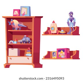 Shop shelves with baby toys and games for kids. Store interior elements with cute car, plane, robot, blocks, rocket and pyramid on wooden shelves, vector cartoon set isolated on white background