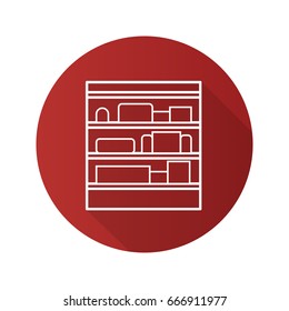 Shop shelves flat linear long shadow icon. Supermarket stand with goods. Vector outline symbol