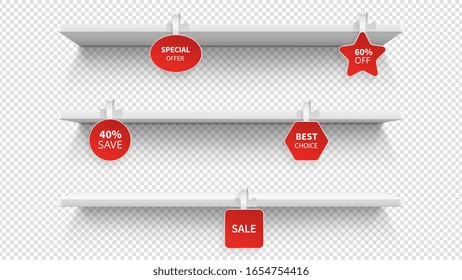 Shop shelves. Isolated retail presentation racks. supermarket 3d shelf with wobblers. Promotional stand and sale or discount vector blanks mockups