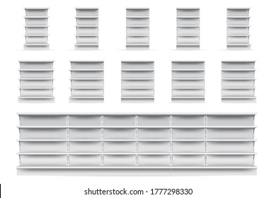 Shop shelves set. Isolated empty supermarket store showcase shelve icon collection. Realistic blank white retail shop display shelves front view. Vector market and business concept