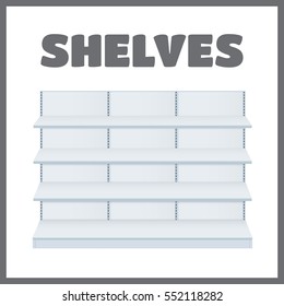 Shop shelves vector. Supermarket shop shelves illustration
