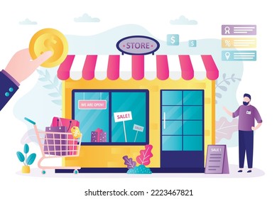 Shop, shopping center building. Entrance to supermarket. Showcase of store. Storefront, facade of store. Seller promoting sale and discount labels. Client hand with money, payment. Marketing campaign.