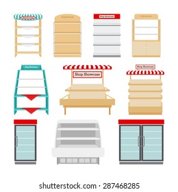 Shop showcases, store shelves or market stalls set vector illustration