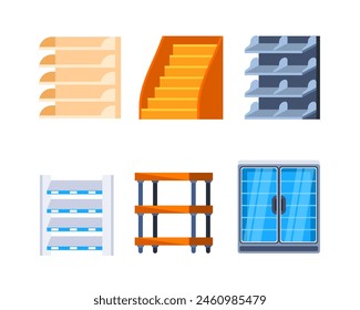 Shop showcases. Store shelves. Retail, Supermarket shelf rack. Cashier desk.