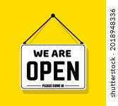 Shop sign: Come in we are Open, with shadow isolated on yellow background. Come in we are open sign on signboard with rope for business, online shopping. Vector illustration. eps10
