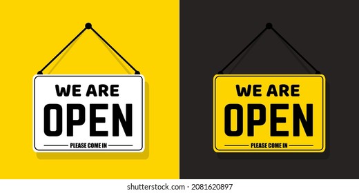 Shop sign: Come in we are Open set, with shadow isolated on yellow background. Come in we are open sign on signboard with rope for business, online shopping. Vector illustration. eps10