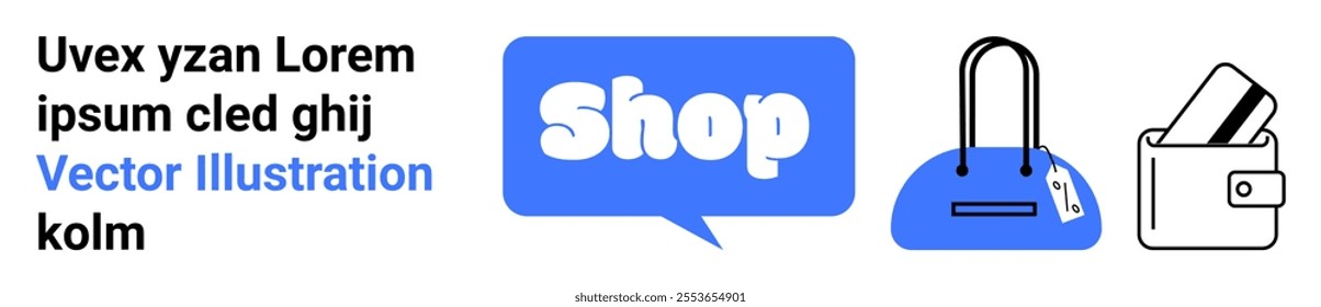 Shop sign in speech bubble, blue handbag, and wallet with credit cards. Ideal for ecommerce, online stores, payment methods, shopping guides, and retail marketing. Landing page