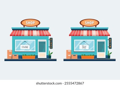 Shop with the sign we are open and close vector illustration