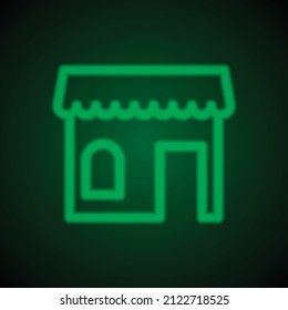 Shop simple icon vector. Flat desing. Green neon on black background with green light.ai