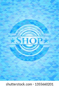 Shop sky blue emblem with triangle mosaic background