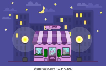 Shop. A small shop in the city at night. Vector illustration.