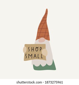 Shop small. Cute little gnome holding plate. Hand drawn vector illustration on white background. 