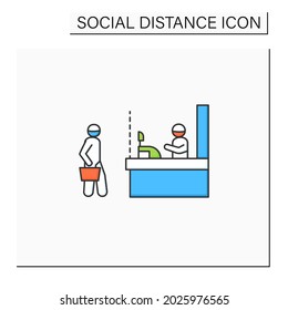 Shop social distance color icon. Consumer keeping safe physical distance at the shop counter. Concept of safe shopping during corona virus pandemic. Isolated vector instructive illustration
