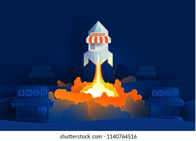 Shop in spaceship shape flying to sky in startup business concept in paper cut style