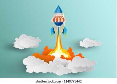 Shop in spaceship shape flying to sky in startup business concept in paper cut style