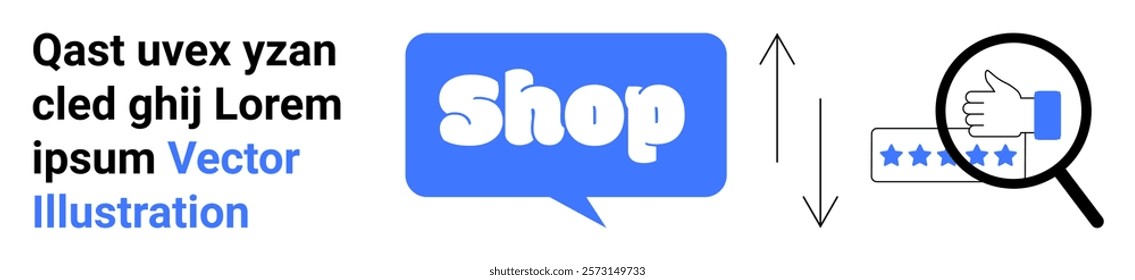 Shop speech bubble, thumbs up with a blue star rating card, and magnifying glass. Ideal for online shopping themes, customer feedback, review systems, e-commerce, and business ratings. Banner