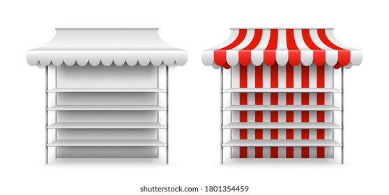 Shop Stall Mockup. Isolated 3d Market Awning, Fair Vendor. Realistic Empty Stand With Shelves, Street Kiosk Or Storefront. Grocery Counter Vector Illustration