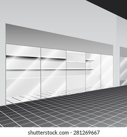 Shop with stand and shelves in the corridor with perspective