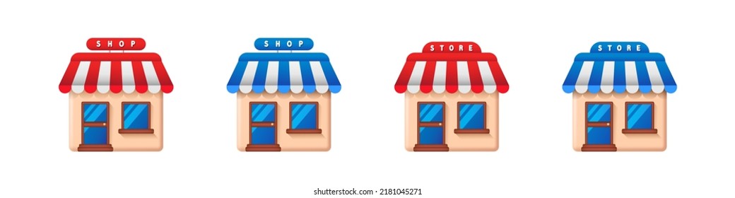 Shop and Store 3d icon. Cartoon stylish shop icons. Vector clipart isolated on white background.