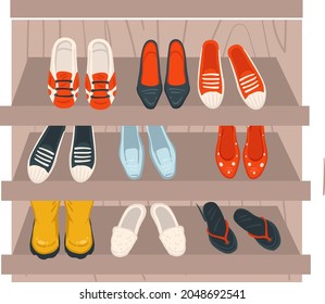 Shop or store assortment of shoes and accessories for women. Isolated sneakers and boots, flip flops for summer and footwear for everyday. Simplicity and fashion for girls. Vector in flat style