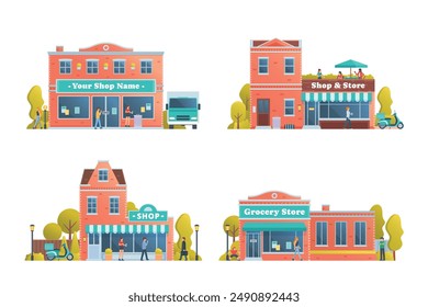 Shop and store building collection, vector illustration premium detail flat style isolated on white, front view.