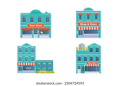 Shop and store building collection, vector illustration premium detail flat style isolated on white, front view