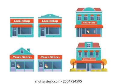 Shop and store building collection, vector illustration premium detail flat style isolated on white, front view