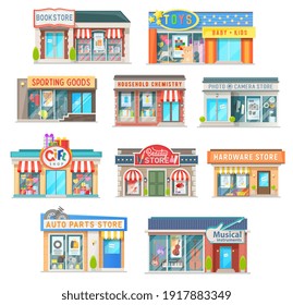 Shop and store building isolated vector icons of retail architecture. Book, auto parts, gifts and hardware shop, household chemistry, musical instruments and toys, sporting goods and beauty store