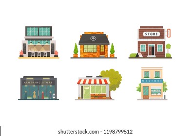 Shop store buildings vector illustrations set. Market exterior, restaurant and cafe. Vegetable store, pharmacy, boutique, urban front houses.