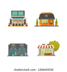 Shop store buildings vector illustrations set. Market exterior, restaurant and cafe. Urban front houses.