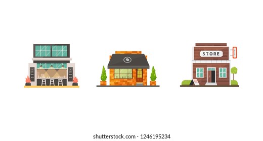 Shop store buildings vector illustrations set. Market exterior, restaurant and cafe. Boutique, urban front houses.