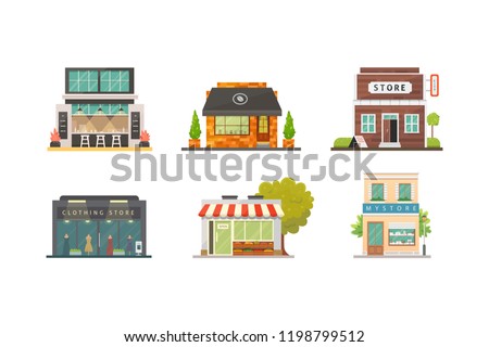 Shop store buildings vector illustrations set. Market exterior, restaurant and cafe. Vegetable store, pharmacy, boutique, urban front houses.