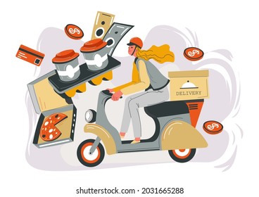 Shop or store, cafe or restaurant delivery in time. Woman on bike with package and dish. Coffee in plastic cups. Banknotes and coins for service. Ordering and buying food. Vector in flat style