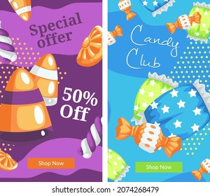 Shop or store with candies and chocolate, caramels and lollipops. Mix of sweets and desserts, order in online web. Promo banner 50 off, advertisement or food presentation. Vector in flat style