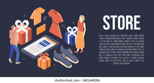 Shop store concept banner. Isometric illustration of shop store vector concept banner for web design