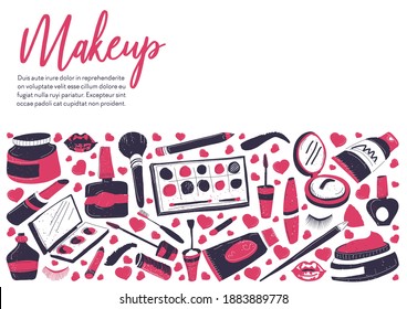 Shop or store with cosmetic products for ladies. Beauty studio with makeup service. Mascara and powder with mirror, palettes and nail polishes. Lipstick and lotions in tubes. Vector in flat style